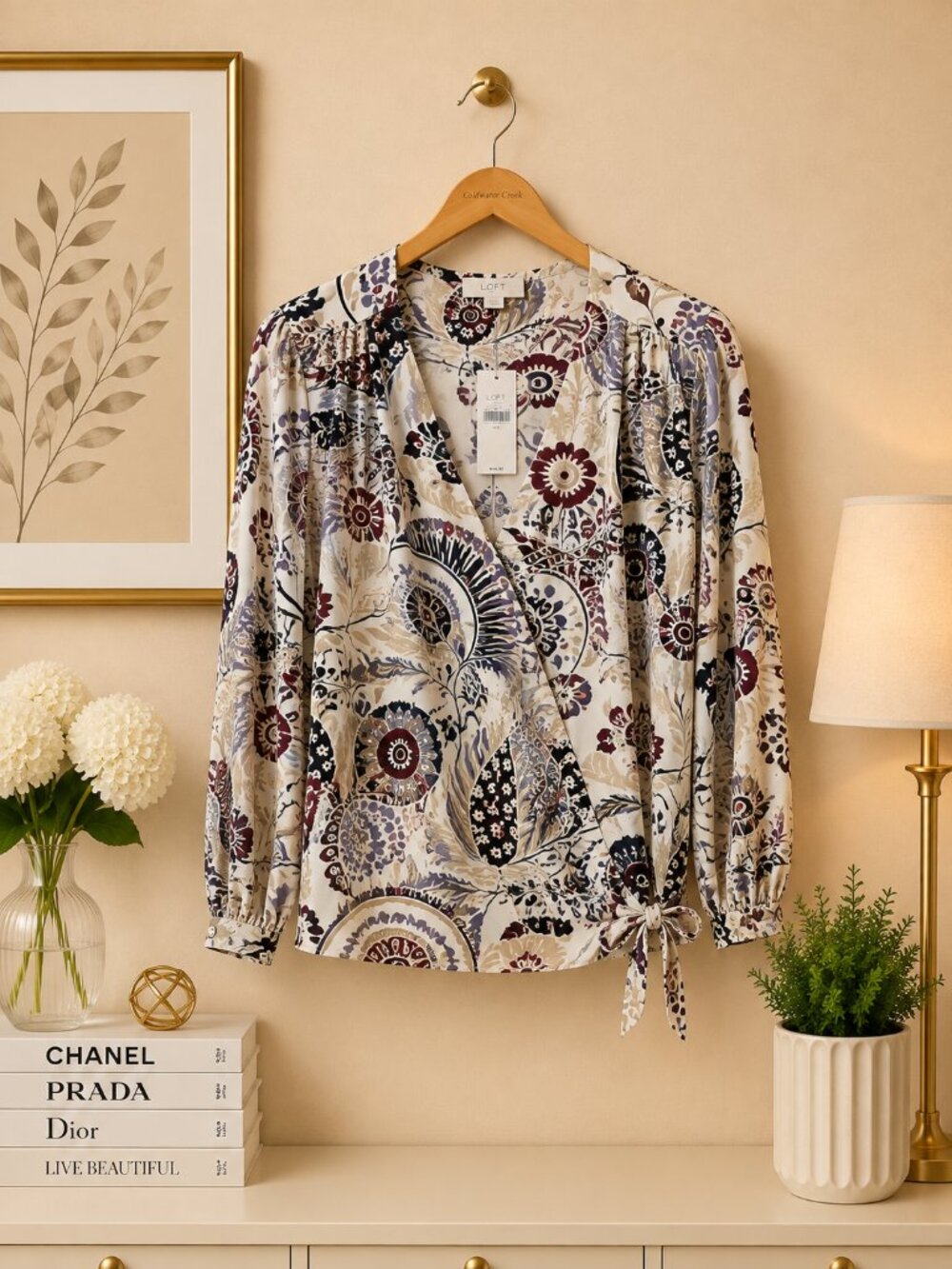 LOFT Outlet Floral Faux Wrap Top Cream Burgundy Side Tie Blouse M NWT